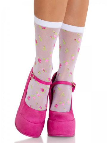Rosette Sheer Crew Socks - White - One Size