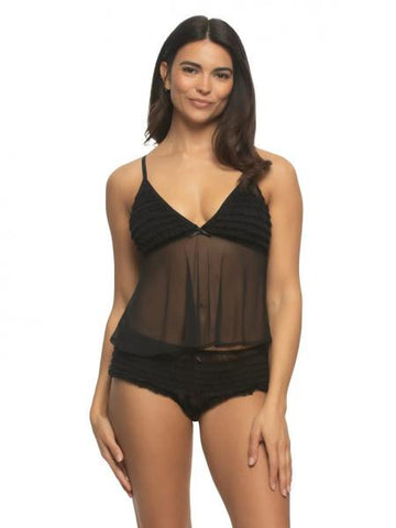 Veil Ruffle Cami and Rumba Panty Two Piece Set - Black -