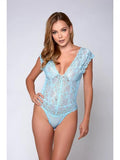 Natalia Lace Bodysuit with Deep Plunge - Light Blue -