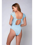Natalia Lace Bodysuit with Deep Plunge - Light Blue -