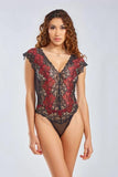 Natalia Lace Bodysuit with Deep Plunge - Black/Red -
