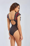Natalia Lace Bodysuit with Deep Plunge - Black/Red -