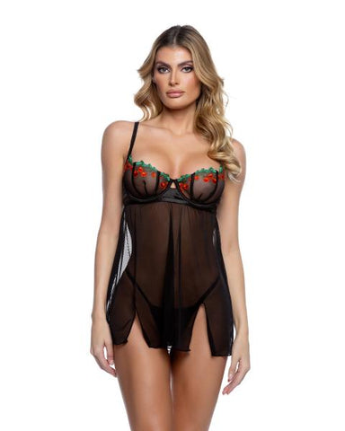 Cherry Delight Babydoll Two Piece Set - Black/Multi -