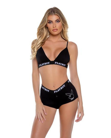 Playboy Bunny Slumber Lounge Bralette Two Piece Set - Black/White -