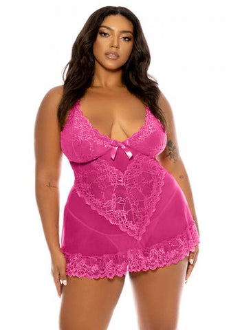 Soft Cup Lace Babydoll with G-String - Raspberry Sorbet -