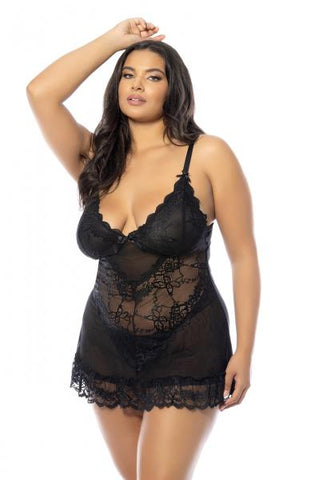 Soft Cup Lace Babydoll with G-String - Black -