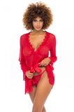 Eyelash Lace Robe with Satin Sach and G-String - Red -