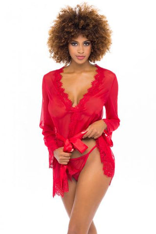 Eyelash Lace Robe with Satin Sach and G-String - Red -
