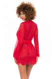 Eyelash Lace Robe with Satin Sach and G-String - Red -