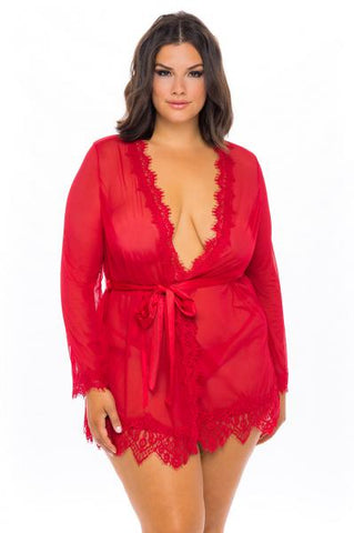Eyelash Lace Robe with Satin Sach and G-String - Red -