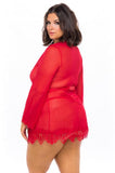 Eyelash Lace Robe with Satin Sach and G-String - Red -