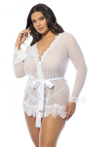 Eyelash Lace Robe with Satin Sach and G-String - White -