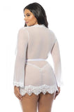 Eyelash Lace Robe with Satin Sach and G-String - White -