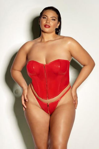 Rider Vinyl Bustier with Front Zipper and Panty - Red -