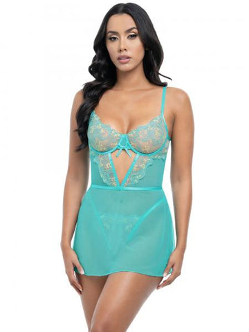 Krislyn Embroidered Babydoll and G-String - Baroque Blossoms/Mojito -