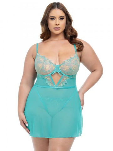 Krislyn Embroidered Babydoll and G-String - Baroque Blossoms/Mojito -