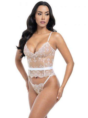 Marielli Embroidered Boned Bustier and G-String - Baroque Blossoms/Bright White -