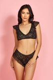 Luna Lace and Ruffled Mesh Bra Set - Black -