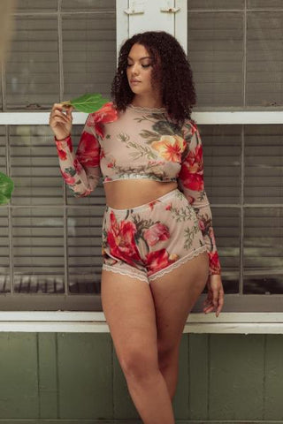 Long Sleeve Crop Top - 3D Mesh Floral Print -