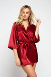 Satin 3/4 Sleeve Robe with Sash - Burgundy -