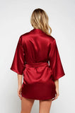 Satin 3/4 Sleeve Robe with Sash - Burgundy -