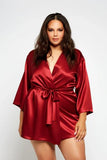 Satin 3/4 Sleeve Robe with Sash - Burgundy -
