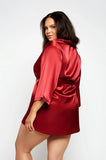 Satin 3/4 Sleeve Robe with Sash - Burgundy -