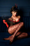 20 Denier Open Crotch Decorative Pattern Pantyhose - Black/Red -