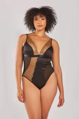 Salma Satin V Neck Teddy - Black/Gold -