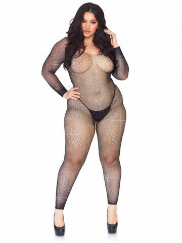 Crystalized Seamless Fishnet Bodystocking - Black - Queen Size