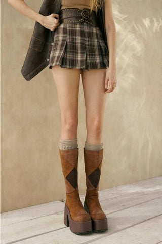 Plaid Flannel Pleated Mini Skort - Brown -