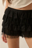 Ruffled Floral Lace and Mesh Bloomer Shorts - Black -