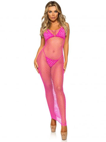Fishnet Backless Maxi Dress - Pink - One Size