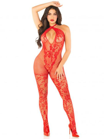 Pretty Persuasion Lace Bodystocking - Red - One Size
