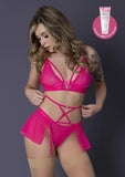 Bralette, Panty and Skirt Set - Pink -