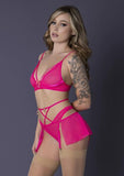 Bralette, Panty and Skirt Set - Pink -