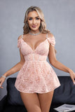 Rhinestoned Draped Sleeve Babydoll and G-String Set - Powder Pink -