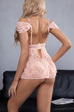 Rhinestoned Draped Sleeve Babydoll and G-String Set - Powder Pink -