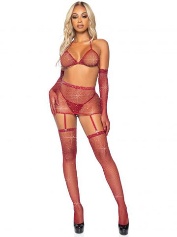 5 Piece Rhinestone Bra Set - Burgundy - One Size
