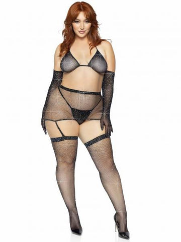 5 Piece Rhinestone Bra Set - Black - Queen Size