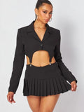 Khai Suspender Crop Jacket & Mini Pleated Skirt Set - Black -