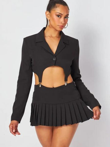 Khai Suspender Crop Jacket & Mini Pleated Skirt Set - Black -