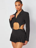 Khai Suspender Crop Jacket & Mini Pleated Skirt Set - Black -