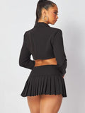 Khai Suspender Crop Jacket & Mini Pleated Skirt Set - Black -