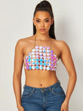 Nanette Holographic Metal Halter Crop Top - Blue -