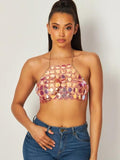 Nanette Holographic Metal Halter Crop Top - Pink -