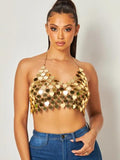 Feel the Love Heart Shape Metal Halter Crop Top - Gold -