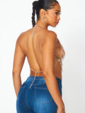 High Key Butterfly Rhinestone Jewel Halter Bra Top - Silver -