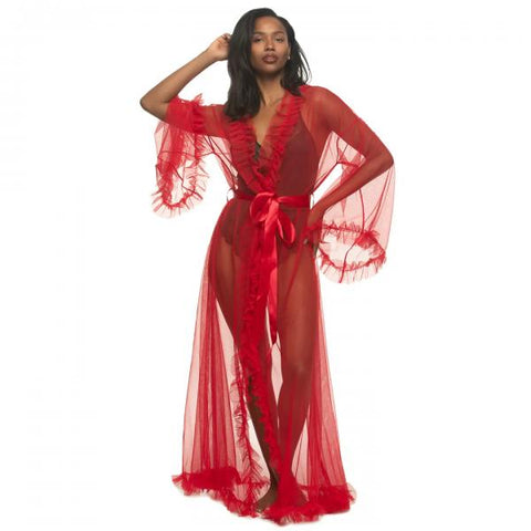 Veil Tulle Ruffle Peignoir Robe - Tango Red -