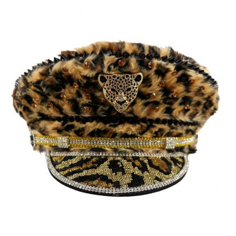 Faux Fur Leopard Print Hat with Gemstones